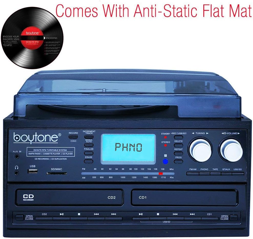 Boytone BT-29B, Bluetooth Dual CD Player, Recorder CD2 to CD1, AM/FM Radio Turntable Record Player 2 Built-in Stereo Speakers, Cassette Player, SD Slot, USB, AUX, Headphone Jack, Limited Edition