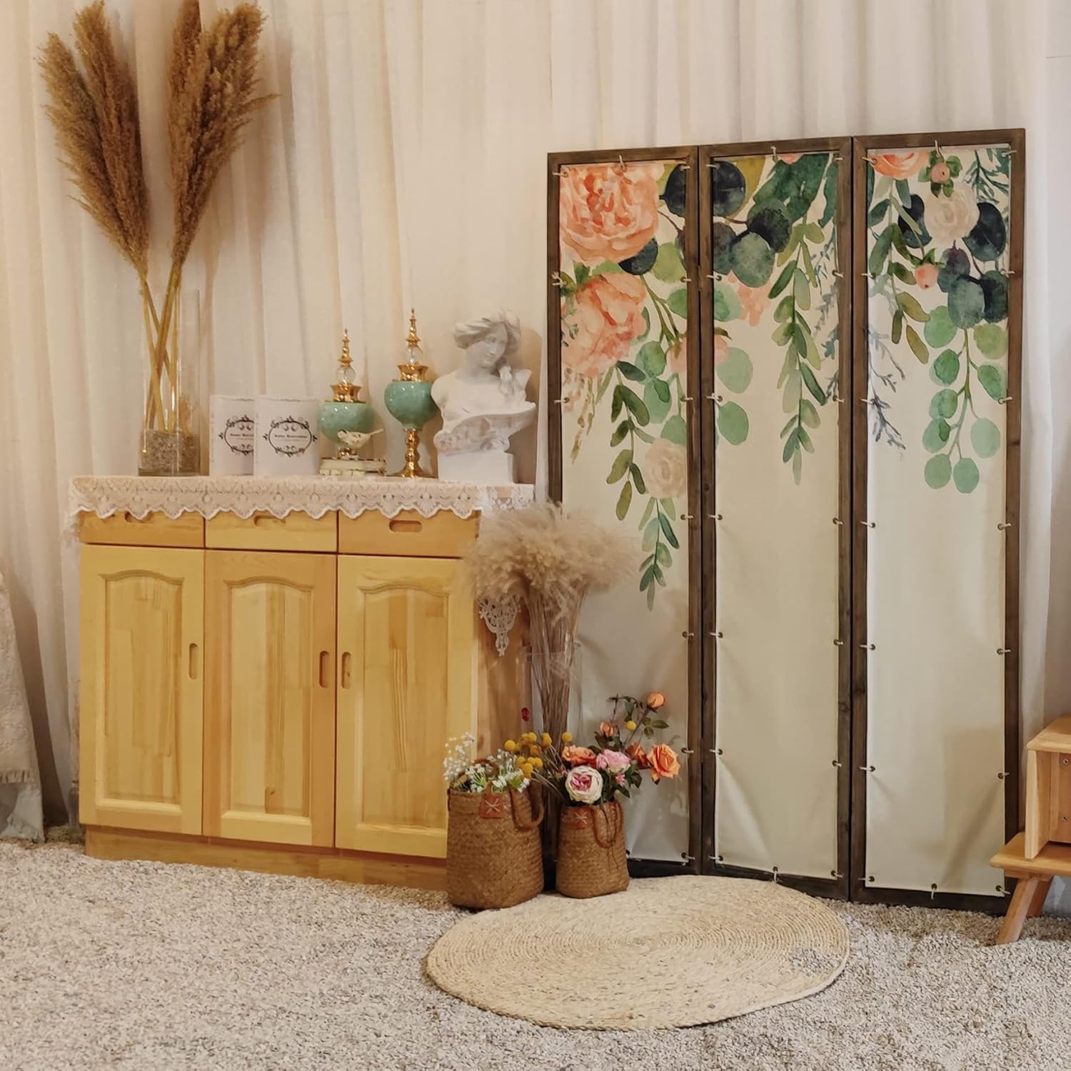 Room Divider Screen Oriental Furniture Privacy Screens Flowers Painting Canvas 3-Panel Foldable Portable Room Separating Divider Room Partitions and Dividers Freestanding 71'' Tall