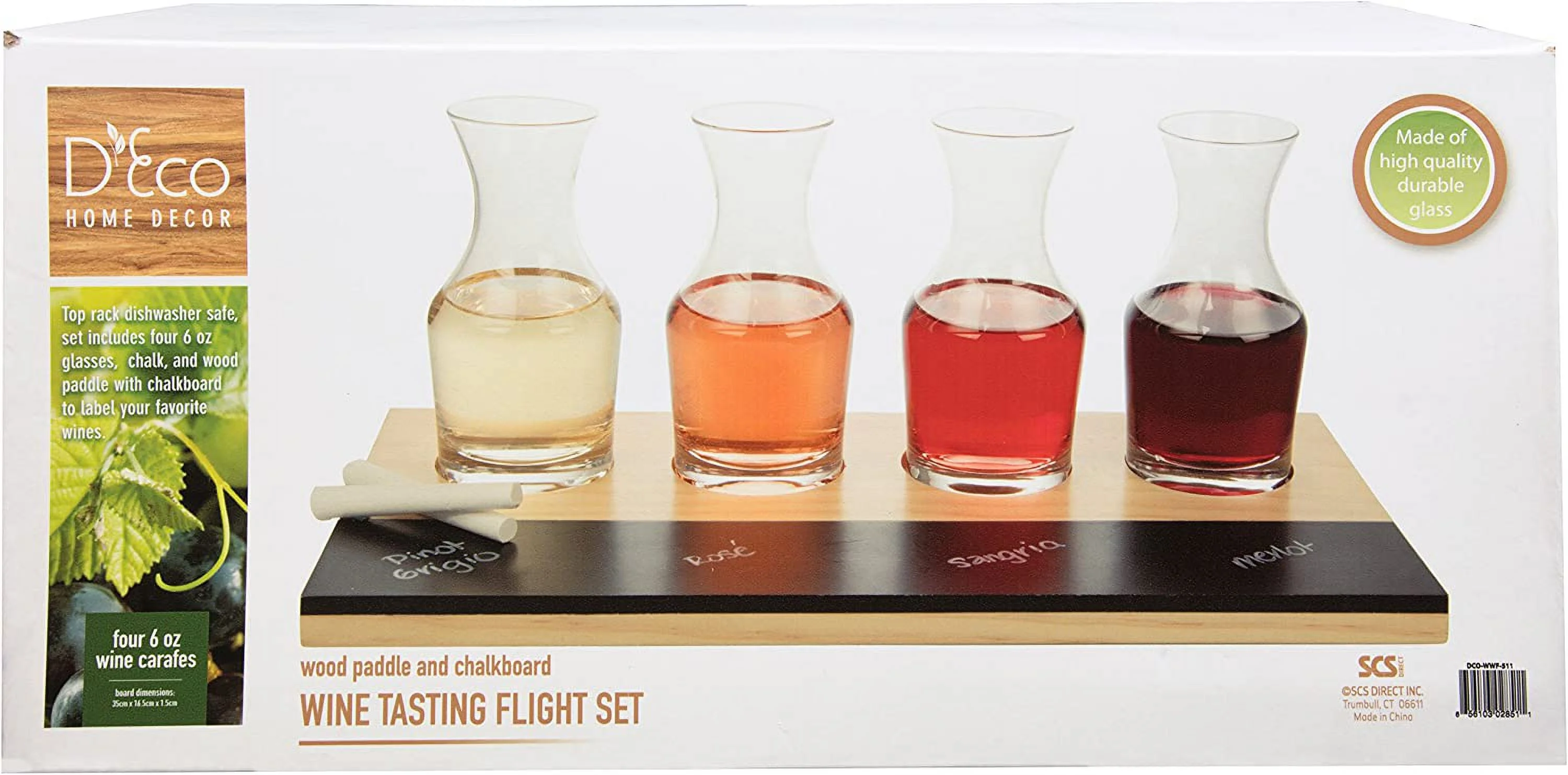 Wine Tasting Flight Sampler Set - 4-6oz Decanter Glasses w Paddle, Chalkboard