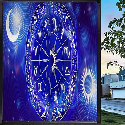Window Privacy Film Removable Astrology Blue Glass Sticker Home Adorn for Bathroom Living Room Shower Room Glass Sticker,17.7 in x 78.7 in