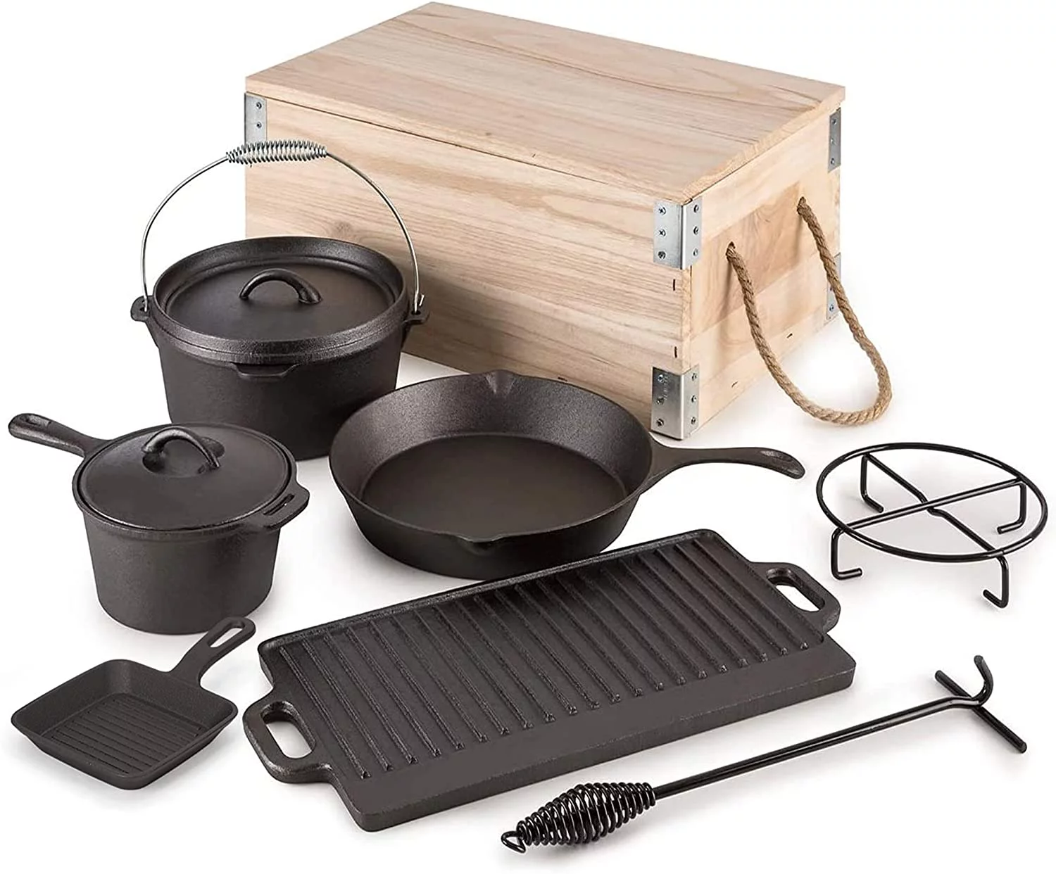 Excellent Piece Pre-Seasoned Dutch Oven Cooking Set Cast Iron Camping Cooking Set Kitchen Cookware Bakeware Set Skillets & Square Grill Pan w/Vintage Carrying Wood Box for Ourdoor Hom