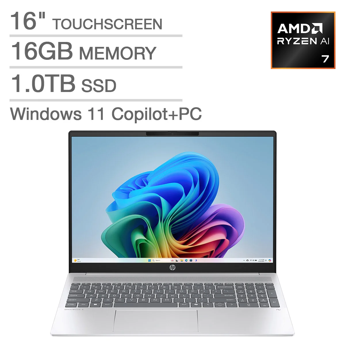 HP Omnibook 5 16" AI Laptop - AMD Ryzen AI 7 350 - CoPilot+ PC - 2K (1920 x 1200) Touchscreen - 16GB Memory - 1TB SSD - Windows 11 Home