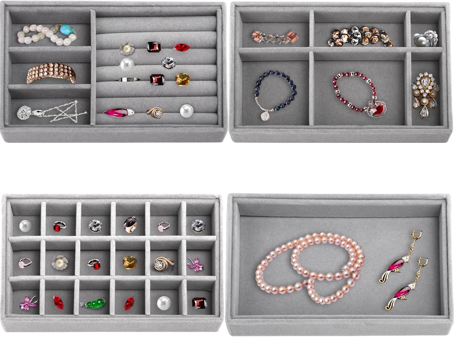 4 Pcs Stackable Jewelry Organizer Trays for Drawers, Velvet Jewelry Organizer Drawer Inserts, Ring Earring Organizer Storage Display Tray Dresser Showcase Box (Thickened Removable Dividers)