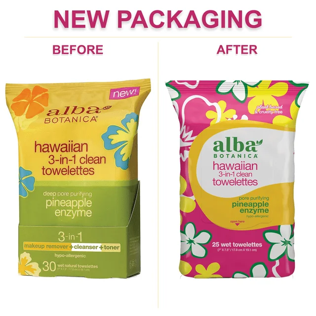 Alba Botanica Hawaiian 3-In-1 Clean Towelettes Pineapple Enzyme 30 ea (Pack of 4)