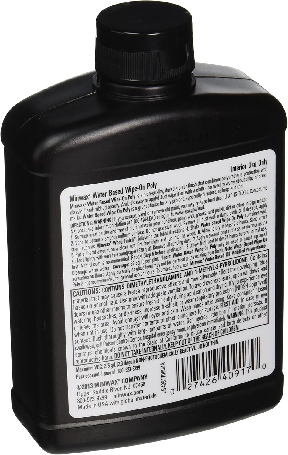 pt Minwax 40917 Clear Wipe-On Poly Water-Based Polyurethane, Satin