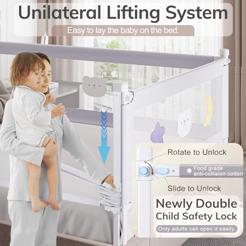 Bed Rail for Toddlers - Toddler Bed Rails with Double Child Lock - Bed Rail for Baby Kids with Pattern - Height Adjustment Guard Rails for Full Size Bed - 1 Pack, 54”