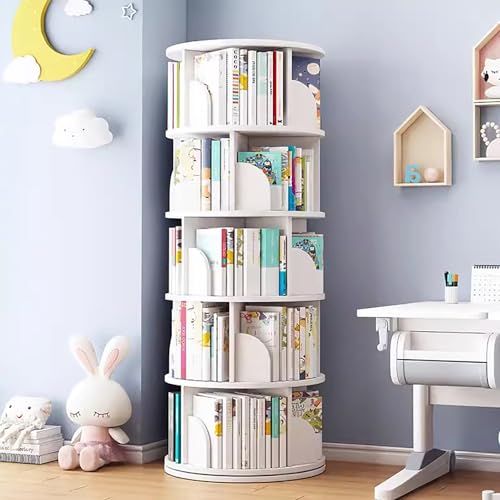 Rotating Bookshelf Tower,3/4/5 Tier Round Bookshelf Rotating Bookcase,Solid Wood Floor Standing Book Storage Rack,Spinning Bookshelf Tower for Bedroom Classroom Playroom(5 Tier, White)