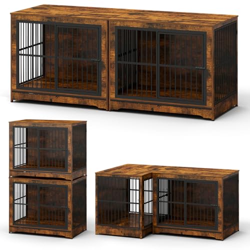 86 Inch Double Dog Crate Furniture with Divider, 4 Combination Forms Large Dog Kennel Furniture for 2 Dogs, Rustic Brown Corner Dog Kennel for Small Medium Large Dogs