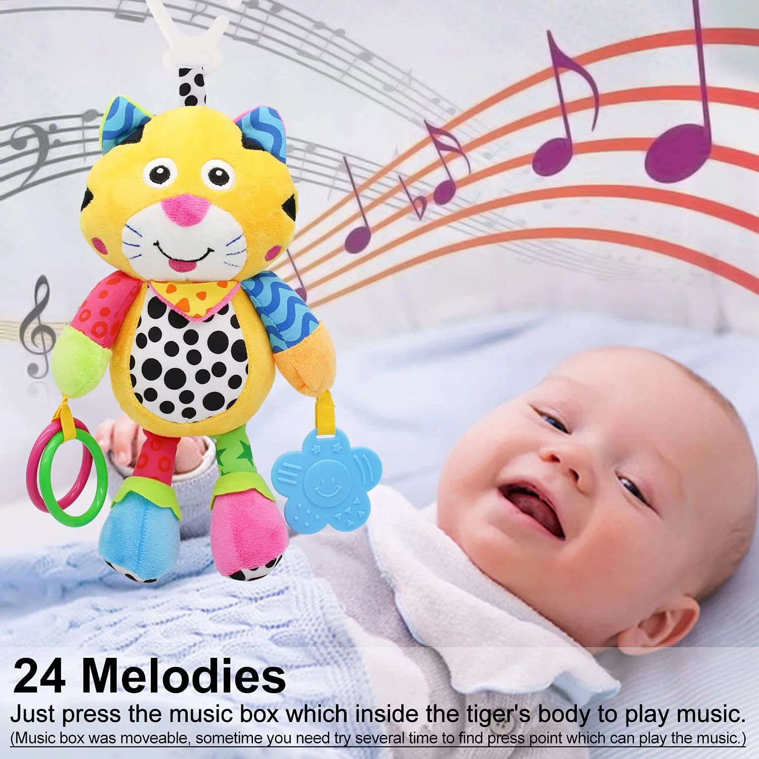 Baby Car Seat Toys with 24 Music and Teether, Infant Soft Plush Rattle, Early Development Hanging Stroller Toys for 0, 3, 6, 9, 12 Months Newborn Boys Girls Gifts (Tiger)