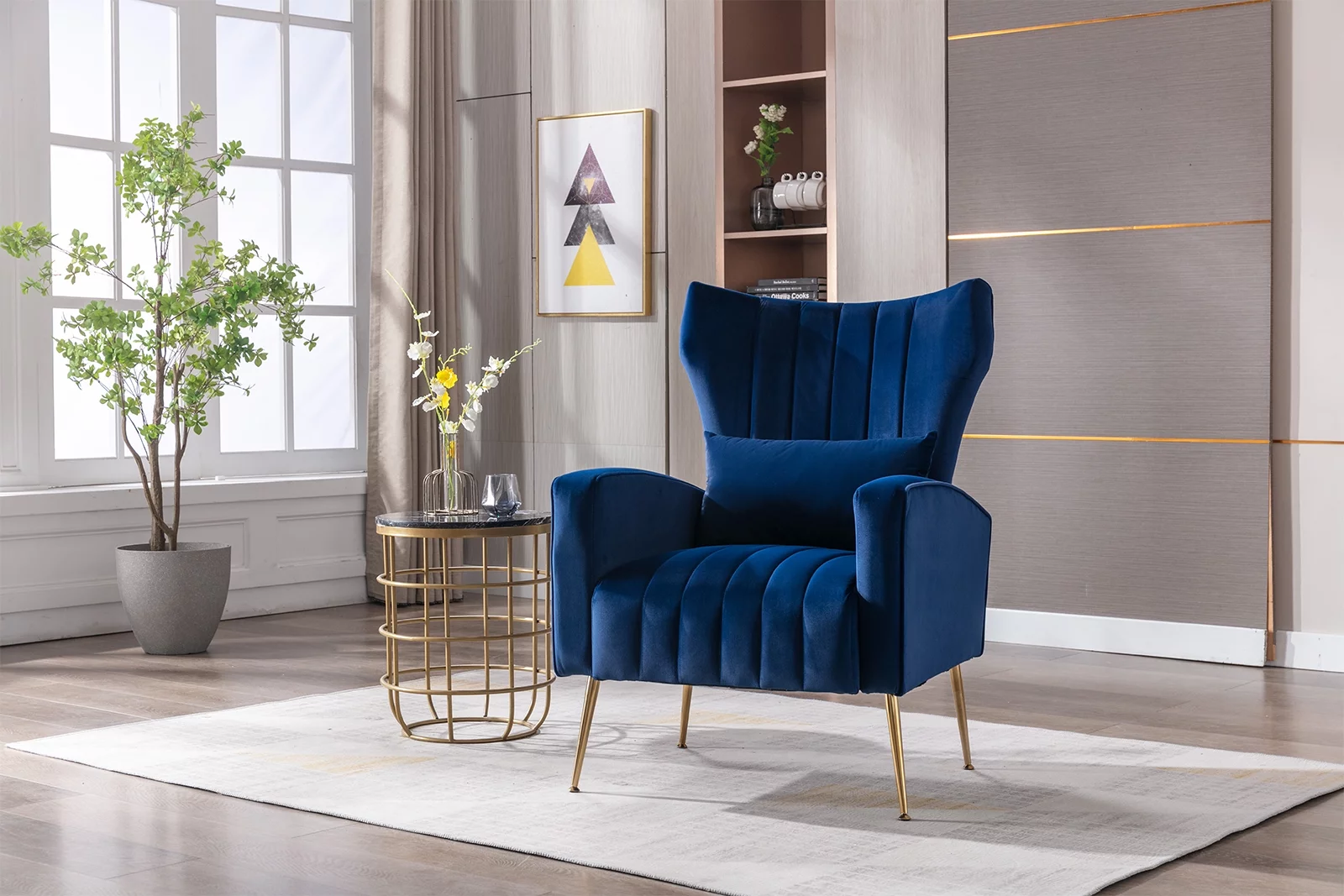 Guyou Velvet Accent Chair, Modern Upholstered Wingback Armchair with Metal Legs and Pillows, Comfy Single Sofa Chair Lounge Chair for Living Room Bedroom Study, Navy
