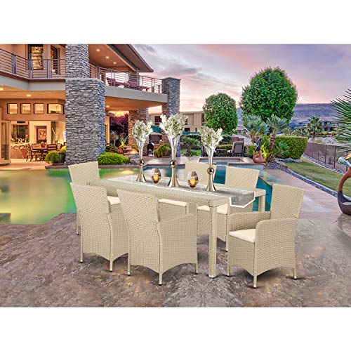 East West Furniture LULU7-53V Luneburg 7 Piece Wicker Patio Furniture Set Consist of a Rectangle Outdoor Table with Glass Top and 6 Balcony Backyard Armchair with Cushion, 36x73 Inch, Cream