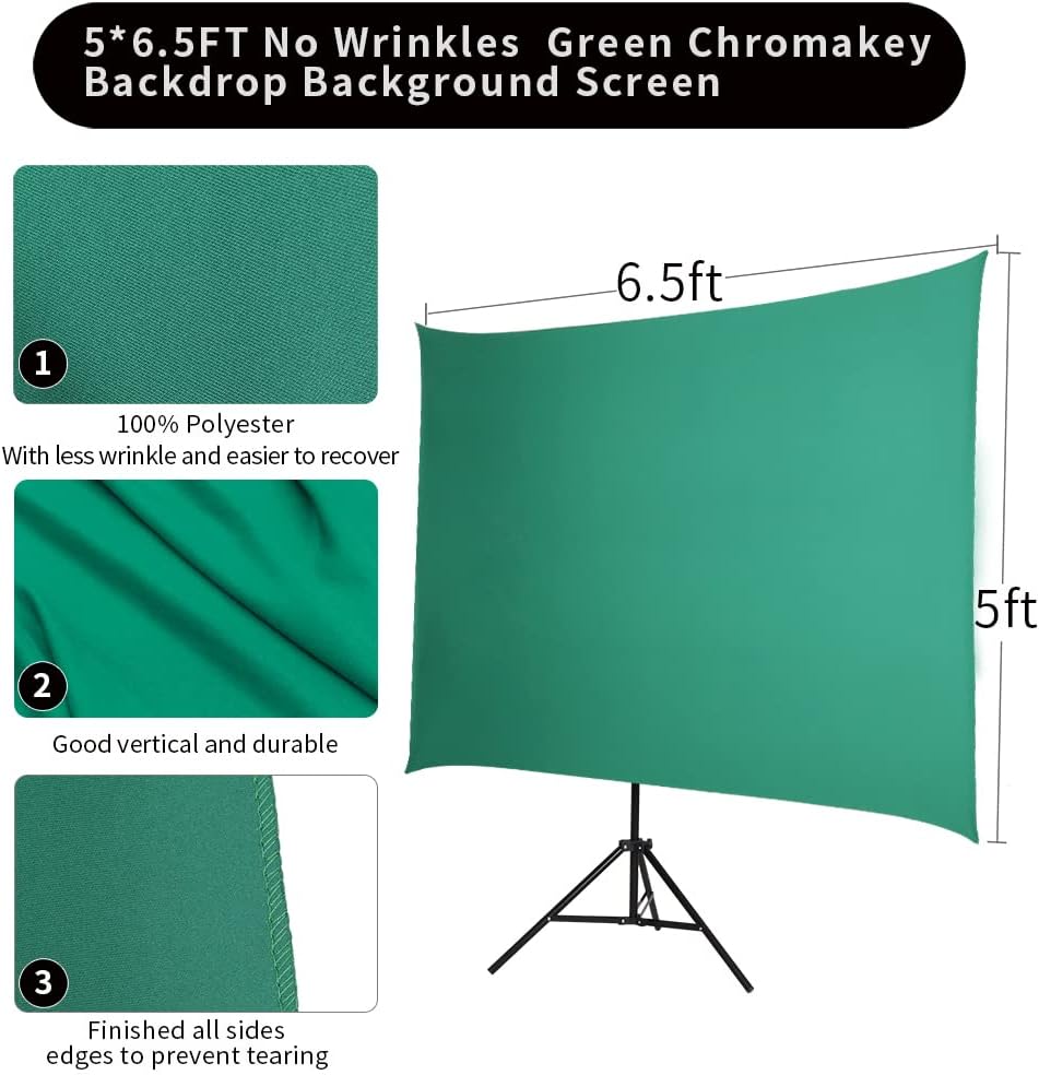 GSKAIWEN 5x6.5ft Chromakey Green Screen Backdrop with Stand,Wrinkle-Resistant Collapsible Background for Photo Studio Video Shooting, Live Streaming Pack of 2