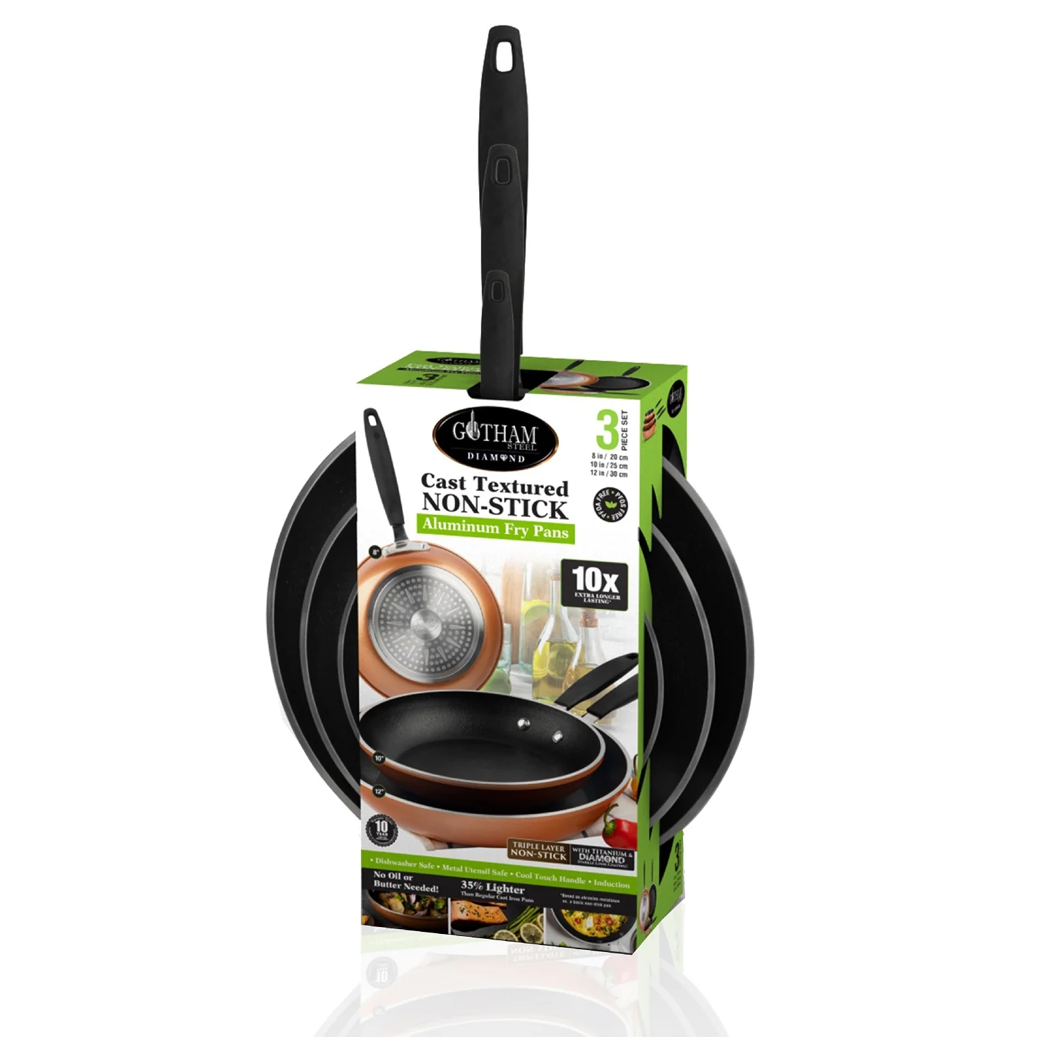 Gotham Steel Diamond 3-Piece Copper Cast Frying Pan Set, Nonstick Cookware