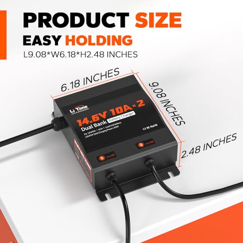 LiTime 2-Bank 10A (10A/Bank) Dual Smart Battery Charger, 14.6V LiFePO4 Battery Charger AC-DC Charger with Fuse, LED Indicator for RV, Boat, Motorcycle, Lawn Mower, Trolling motor and Lead Acid Battery