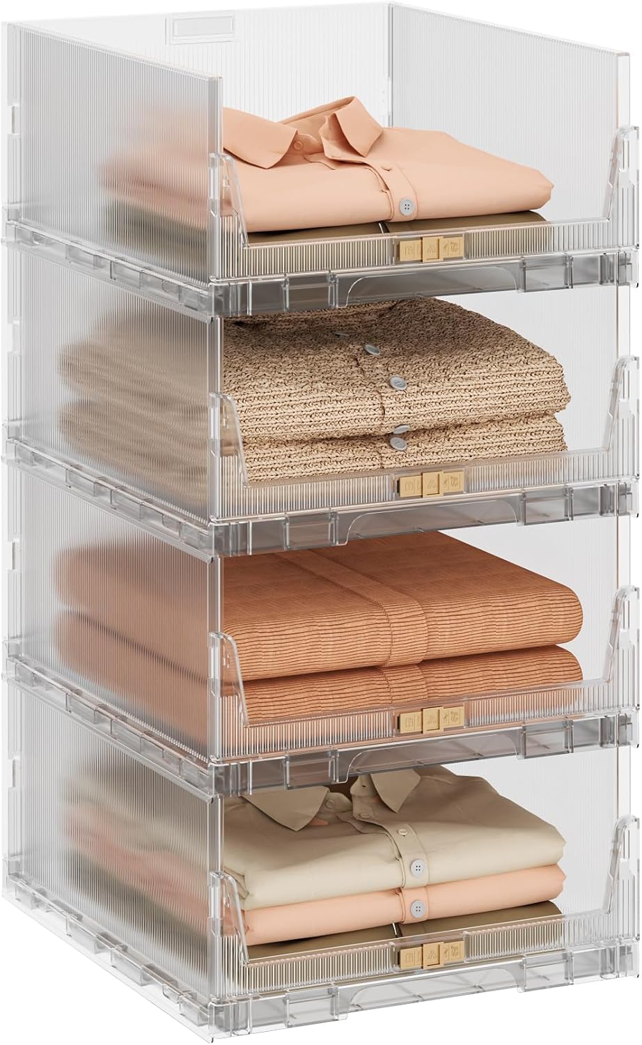 MIOPUR Stackable Closet Organizers and Storage Bins, 4 Pack Foldable Storage Drawers, Clothes Storage Organizer, Storage Container for Wardrobe Cupboard Kitchen Bathroom Office -Clear