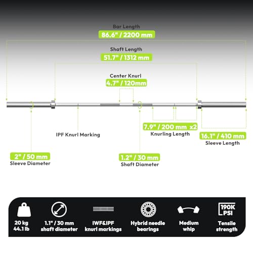 Olympic Barbell, 45lb/35lb 2-inch Weight Bar for Bench Press, 7ft/6.5ft Olympic Bar, 1000 lb High-Capacity, Hard Chrome, Knurled Grip for Strength Training Deadlift Weightlifting Squat