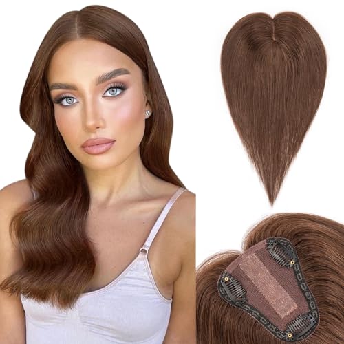 Benehair Hair Toppers for Women Real Human Hair 10 Inch 100% Remy Human Hair Pieces for Women with Thinning Hair 8 * 10cm Lace Silk Base Clip in Hair Extensions Medium Brown 30g