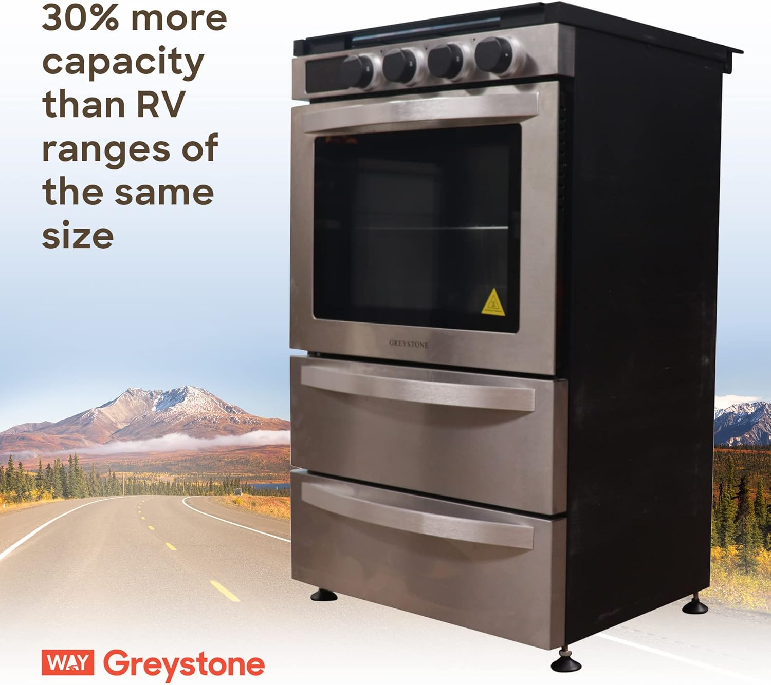 Greystone, 21 Inch Freestanding RV Gas Range, Stove and Oven Combo, 12 Volt, LP, 3 Burners, Stainless Steel