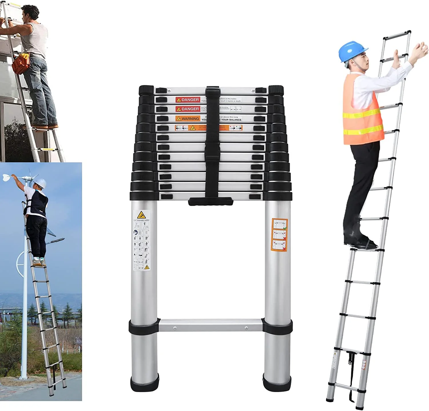 Telescoping Ladder 12FT Aluminum Telescoping Extension Ladder, Collapsible Ladder Attic Ladder Rv Ladder, Portable Telescopic Ladder for Outdoor Working & Household Use, Folding Ladder 330lb Capacity