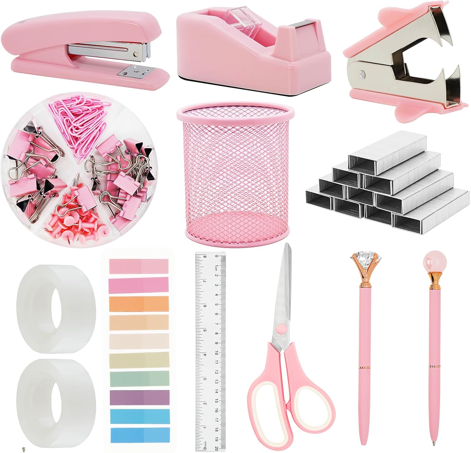 Pink Office Supplies Set for Desk, Pink Stapler,Tape Dispenser,Pink Desk Accessories for Women,1000 Staples,Pen Holder,Staple Remover,Clips,Ruler,Scissors, Tabs,Tape,Ballpoint Pen,Office Accessories