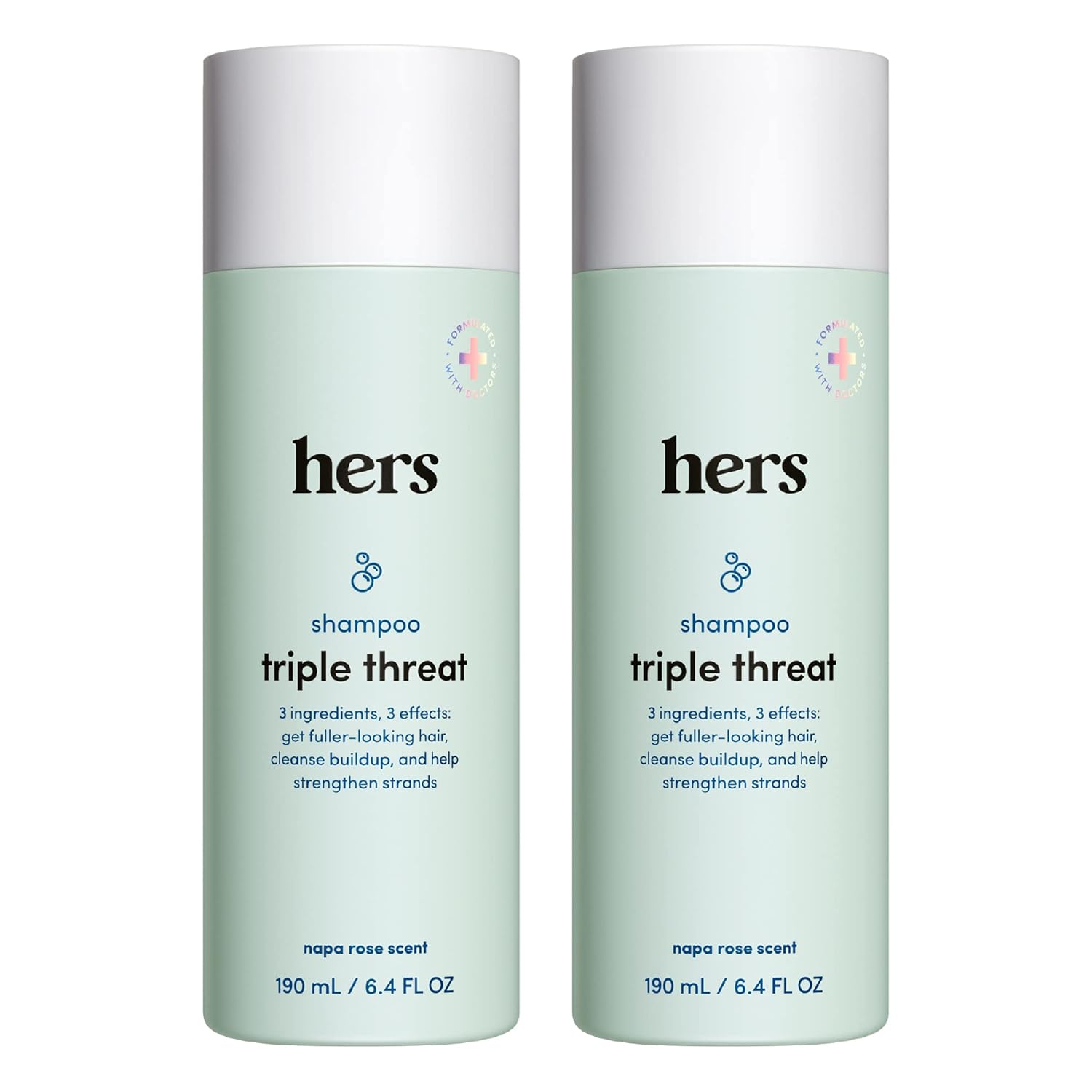 hers triple threat shampoo for hair that feels and looks thicker and stronger with biotin, saw palmetto, pumpkin seed oil, lightly scented with rose, helps control hair shedding, 2 pack, 6.4oz