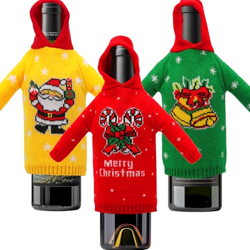 3Pcs Christmas Wine Bottle Covers Ugly Sweater ornaments Party Decorations Knitted Hoodie Sweatshirts Wine Bottle Bags Holiday New Year Outfits Christmas Gift