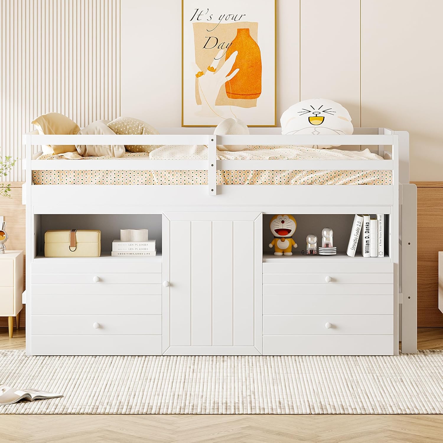 Twin Size Kids Loft Bed with Storage Underneath, Wooden Low Loftbed Frame with 4 Drawers, Cabinet, Shelves and Ladder, Space Saving Bedframe for Boys Girls Teens, White