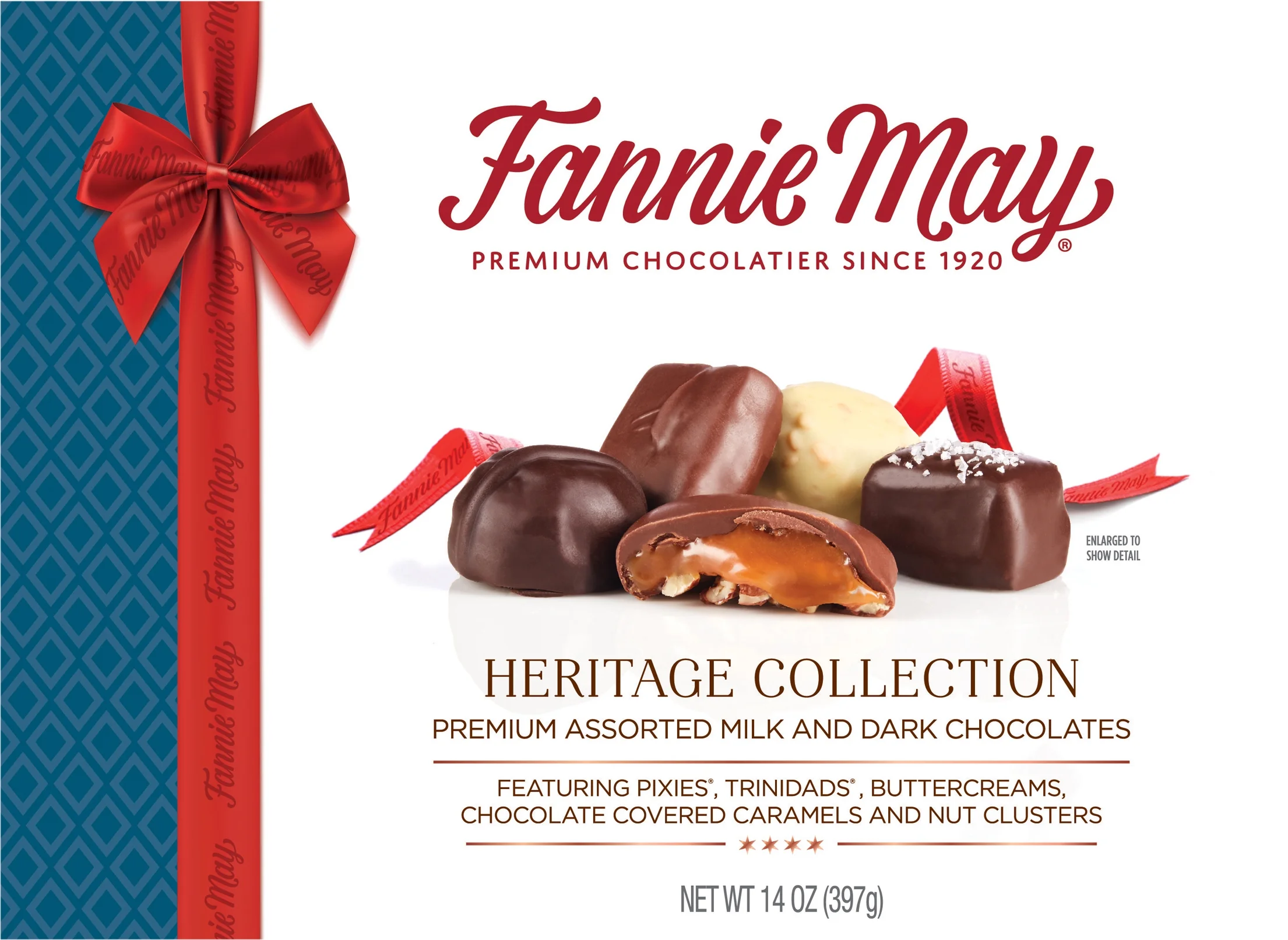Fannie May Heritage Assortment - 14 OZ Premium Assorted Milk and Dark Chocolates Pixies, Trinidads, Buttercreams, Chocolate Covered Caramels and Nut Clusters New Colonial Assortment