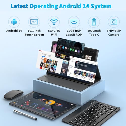 Android Tablet with Keyboard,10 inch Android 14 Tablets, 12GB RAM 128GB ROM, 1TB Expand, 8000mAh, 2.4G/5G WiFi, Bluetooth, GMS Certified, with Case, Mouse, Stylus Tablet PC (Black)