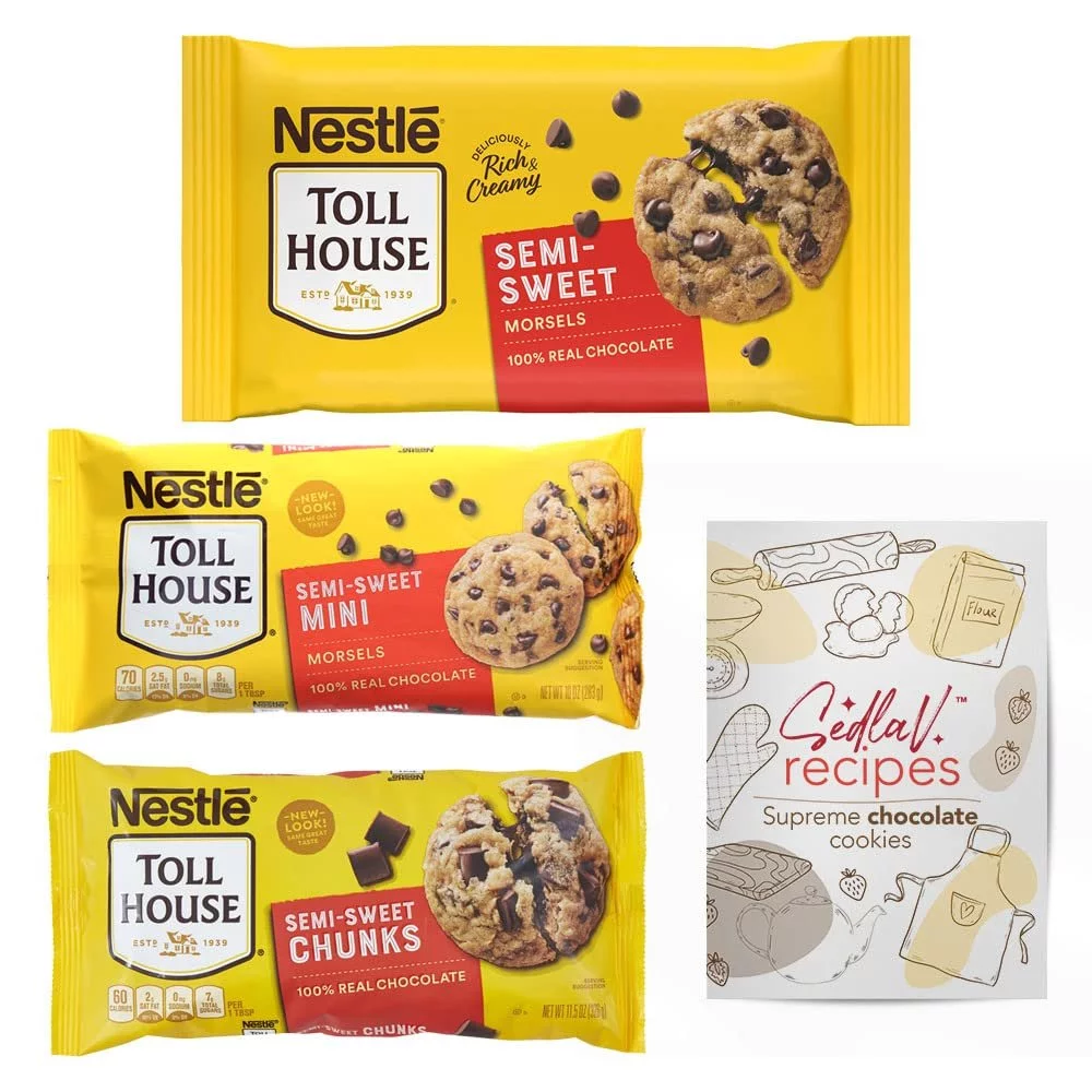Nestle Toll House Semi-sweet Chocolate Chunks, Mini and Regular Morsels & SEDLAV Recipe Card SEDLAV Baking Box Delicious Chocolate Chips for Baking All in One Package!