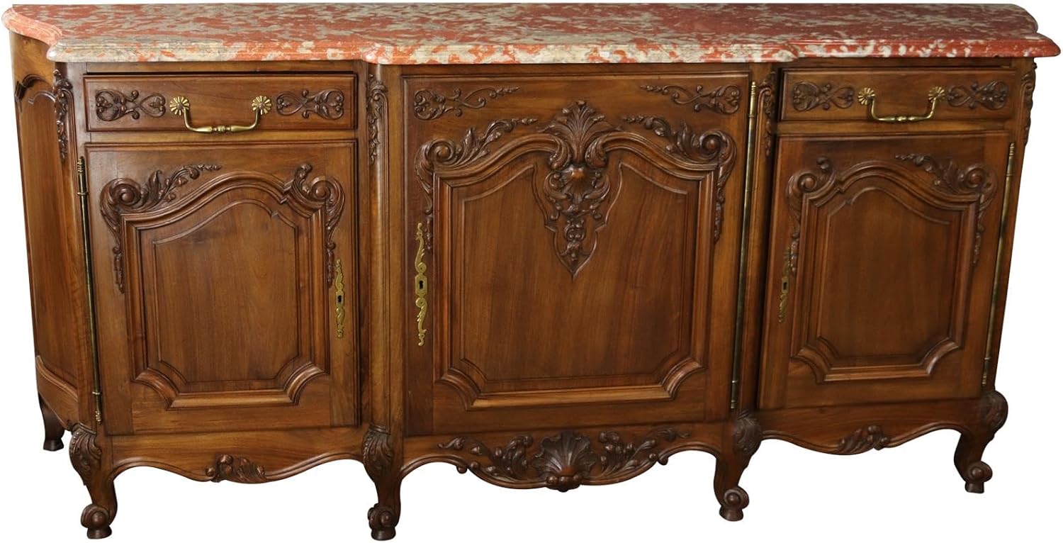 Sideboard Louis XV French Rococo 1920 Carved Walnut Shell, Red Pink Marble Top
