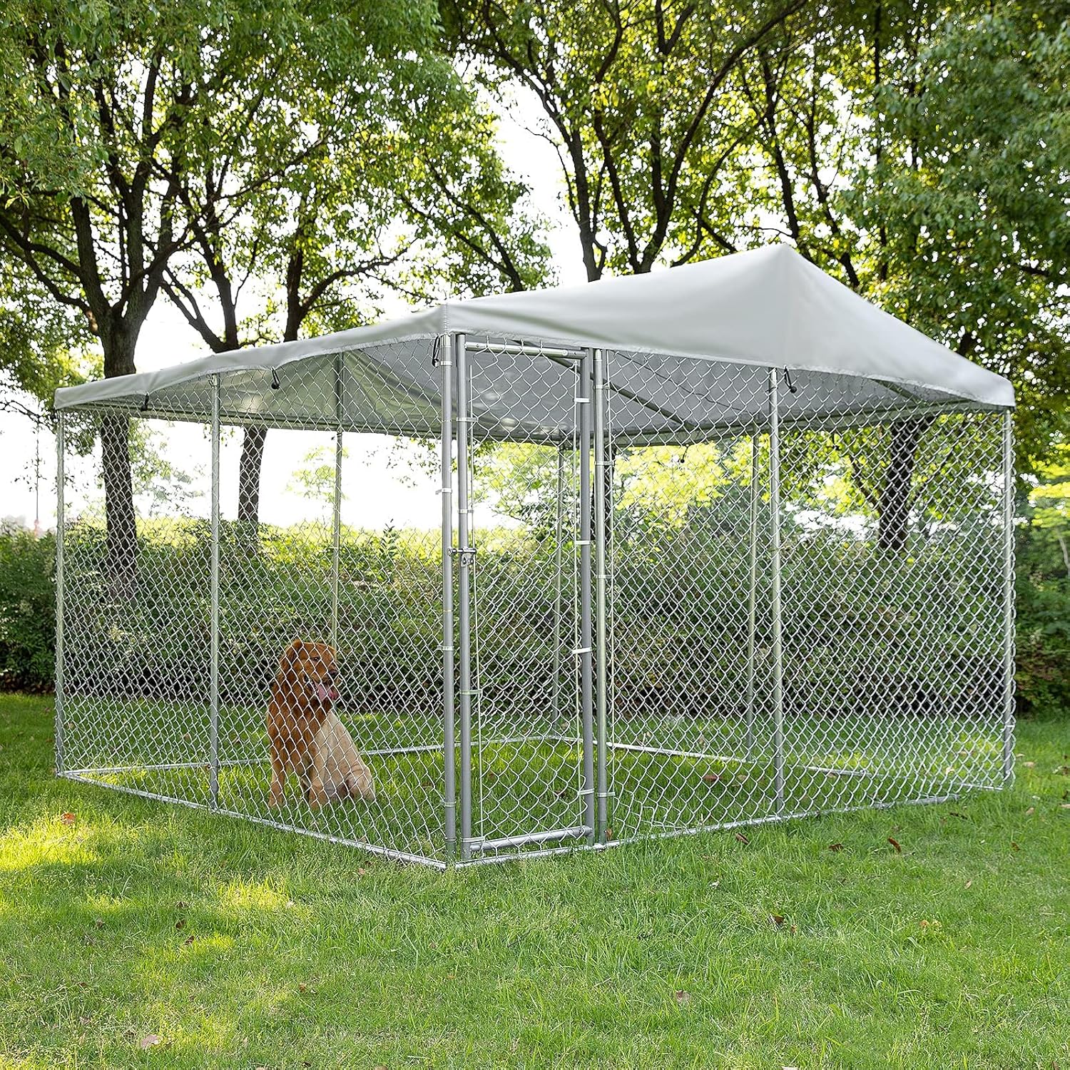 10x10 ft Extra Large Outdoor Dog Kennel, Anti-Rust Dog Cage with Roof, Galvanized Chain Link Dog Runs with Waterproof UV-Resistant Cover Heavy Duty Dog Enclosures Upgraded Secure Lock