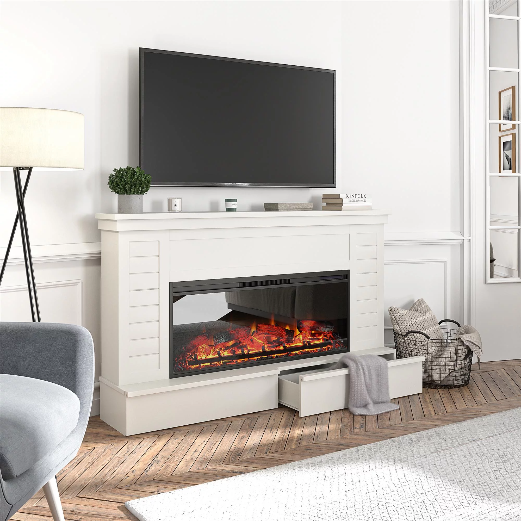 Ameriwood Home Heritage Place Wide Shiplap Mantel with Linear Electric Fireplace and Storage Drawers, White