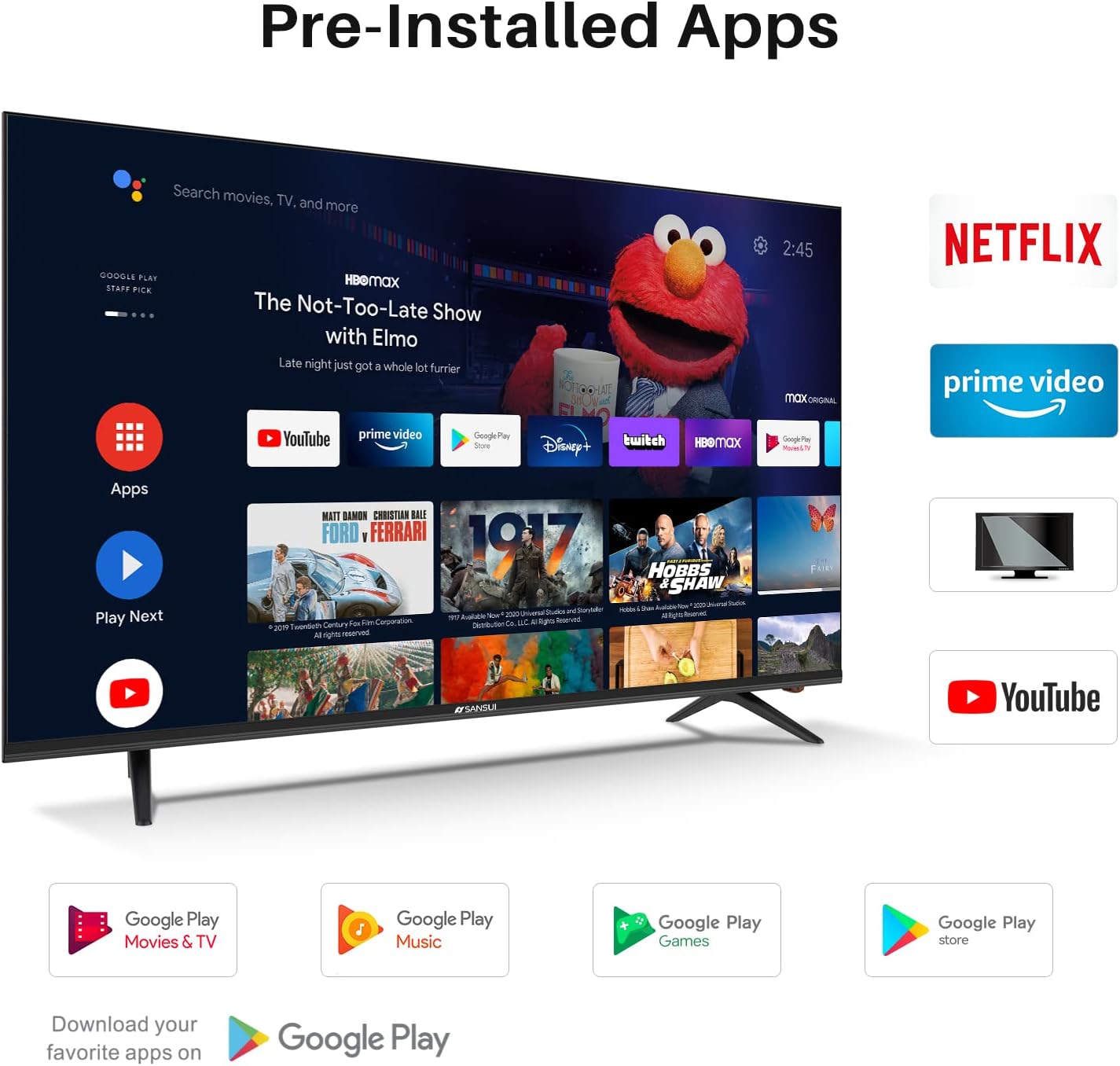 SANSUI ES55S1A, 55 inch 4K UHD HDR Smart LED Android TV with Google Assistant(Voice Control), Screen Share, USB, HDMI…