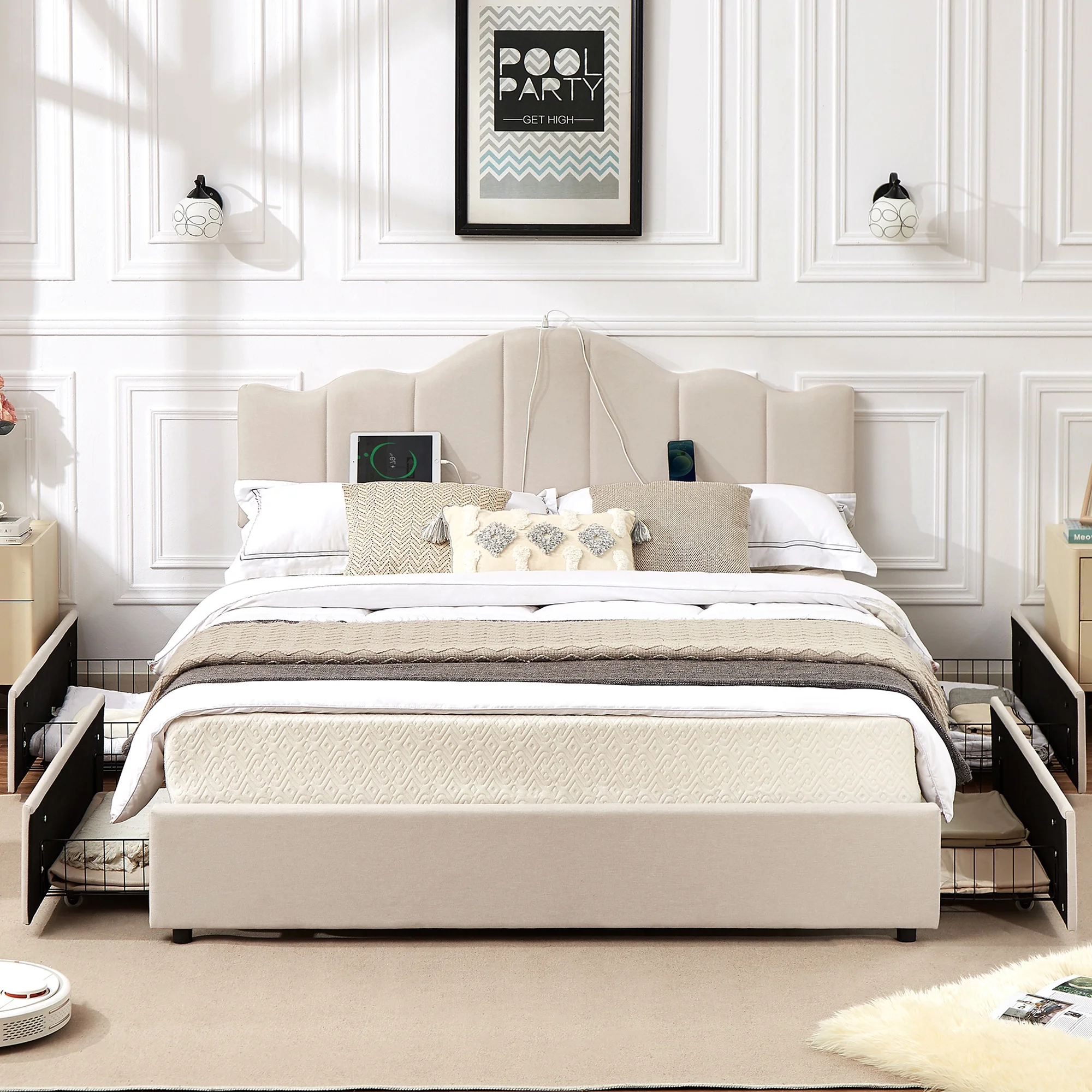 VECELO Queen Size Bed Frame with 4 Storage Drawers, Storage Platform Bed Frame with Type-C & USB Charging Stations, Upholstered Adjustable Headboard, No Box Spring Needed, Beige