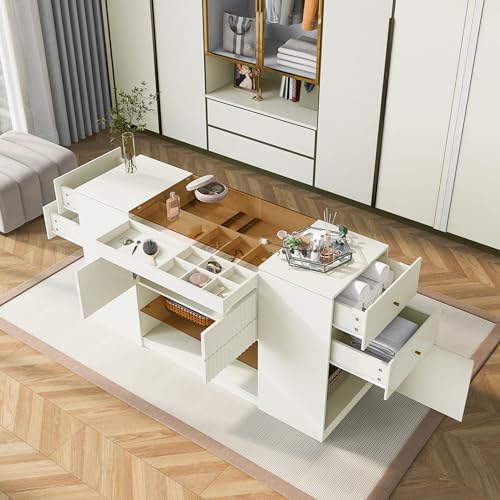 Wardrobe Armoire Bedroom Island with Glass Top, Glass Display Shelf & 6 Drawers, Wooden Closet Storage Cabinet with Open Shelves for Bedroom, Shops, Walk-in-Wardrobe, White