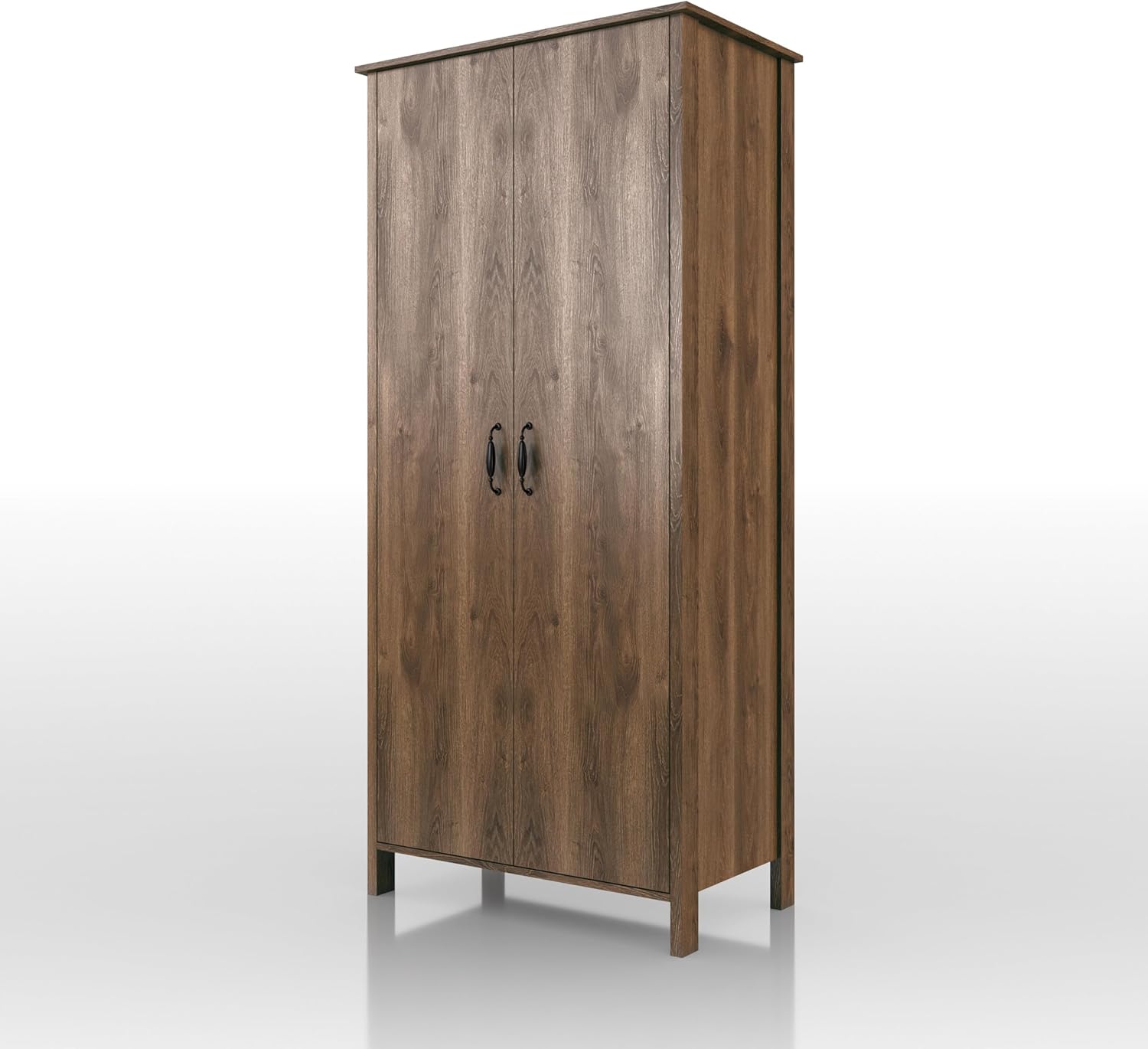 24/7 Shop at Home Piper Farmhouse 2-Doors Wood Armoire Wardrobe Closet with Fixed Shelves and Hanging Rack, Freestanding Clothes Cabinet for Bedroom, Guest room, Basement, Walnut Brown