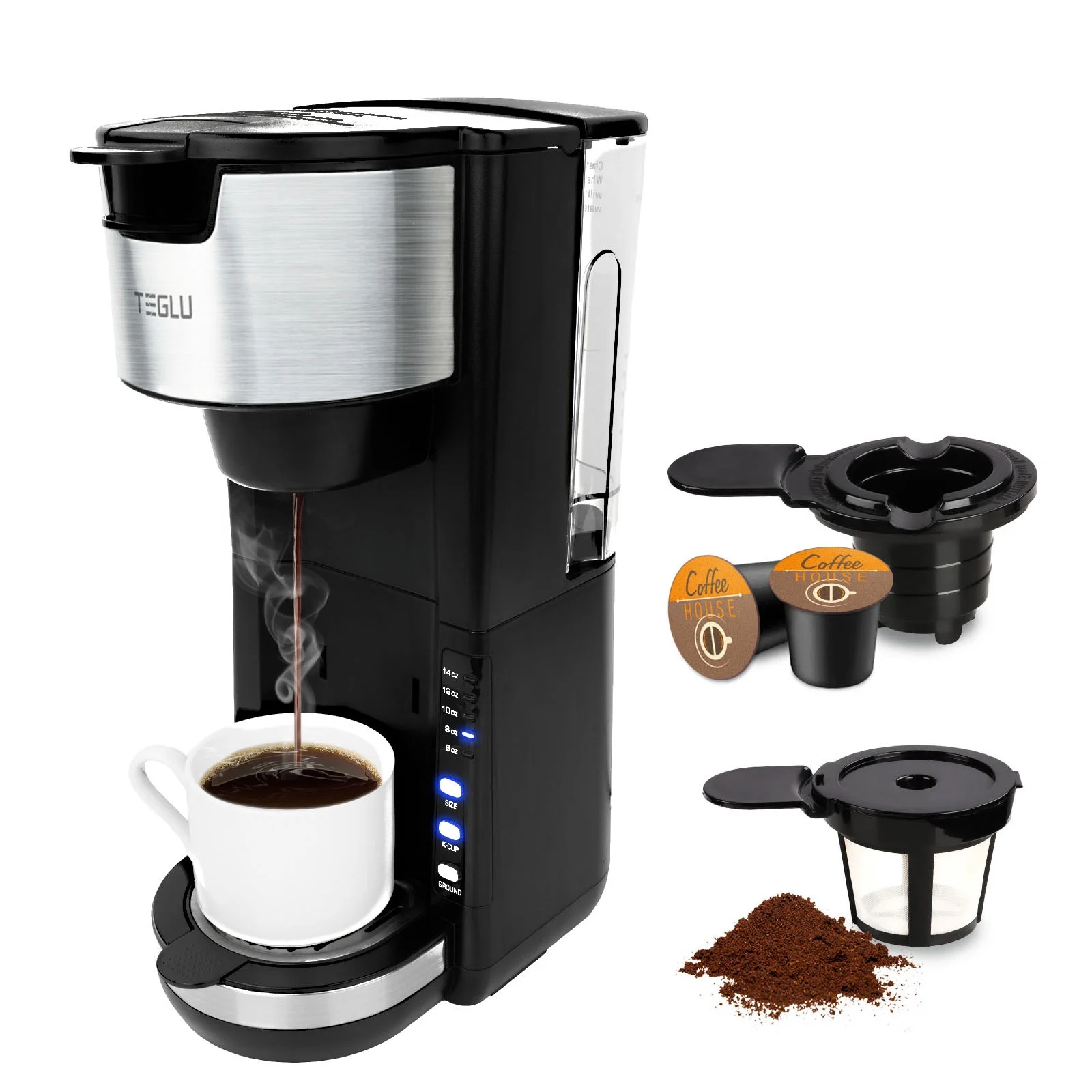 2 In 1 Hot and Iced Single Serve Coffee Maker K Cup & Ground Coffee Fits Travel Mugs, Iced Coffee Makers with 6 to 14oz Reservoir in 2 Mins,30 Oz Removable Water Tank,Reuseable Filter,Small Size,Black
