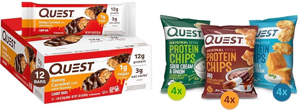 Quest Nutrition Candy Bars Gooey Caramel with Peanuts (12 Bars) and Protein Chips Variety Pack, (BBQ, Cheddar & Sour Cream, Sour Cream & Onion), High Protein, Low Carb, 1.1 Ounce (Pack of 12)