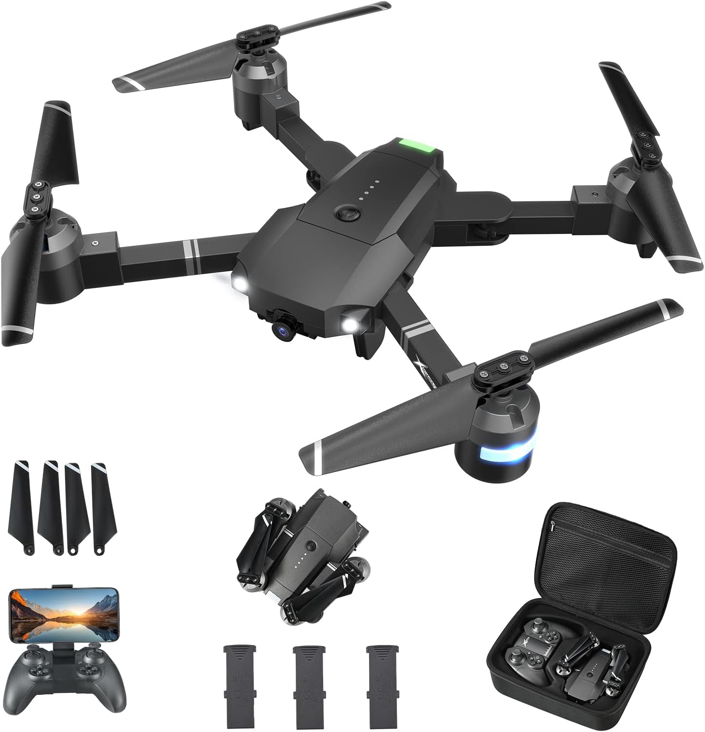 Drone with Camera for Adults & Kids,ATTOP Skyquad Drone Foldable 1080P FPV Drone w/3 Batteries & Carrying Case,RC Quadcopter of 30 Mins Flight Time,120°FOV,Voice&Gesture Control,One-key Return,3D Flip