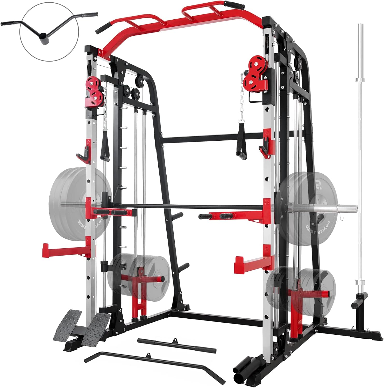 Mikolo Smith Machine, Multi-Functional Power Cage with LAT Pulldown System, Weight Cage Squat Rack with Weight Bar, Landmine, Dip Bars, T-Bar and Other Attachements (2022 Version)