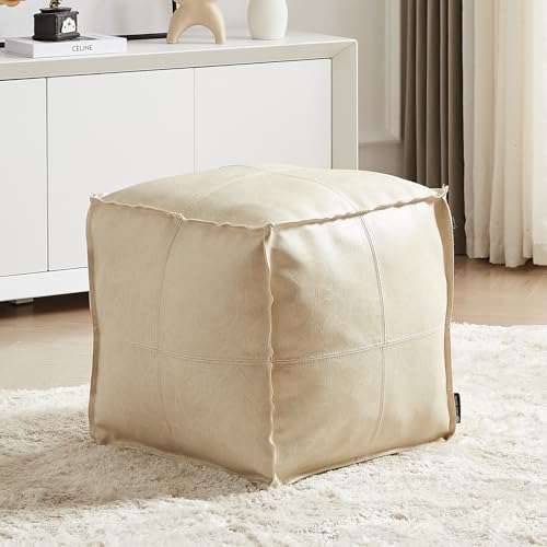 Pouf Ottoman, Unstuffed Pouf Cover, Handmade Faux PU Leather Moroccan, Orange Brown 17.7