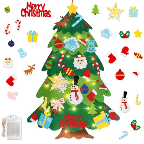 3.3FT Montessori Felt Christmas Tree for Toddlers, DIY Wall Christmas Tree with 32 Ornaments and String Lights, Indoor Xmas Decorations Party Supplies Felt Craft Kits Home Decor Kids Gifts