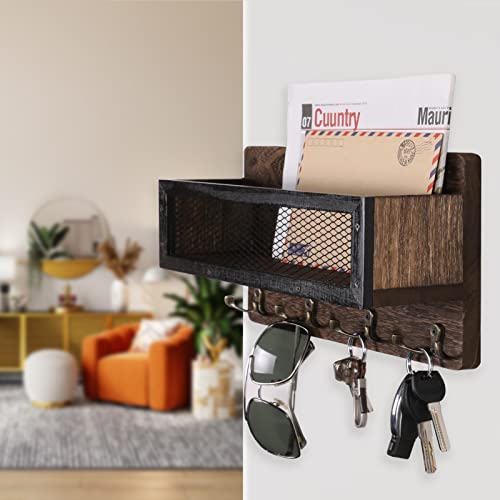 ADIIL Mail and Key Holder for Wall Decorative, Wooden Wall Key Rack Organizer with 4 Double Key Hooks, Wall Mount Key Hanger for Wall with Shelf, Rustic Home Decor for Entryway Hallway, Grey