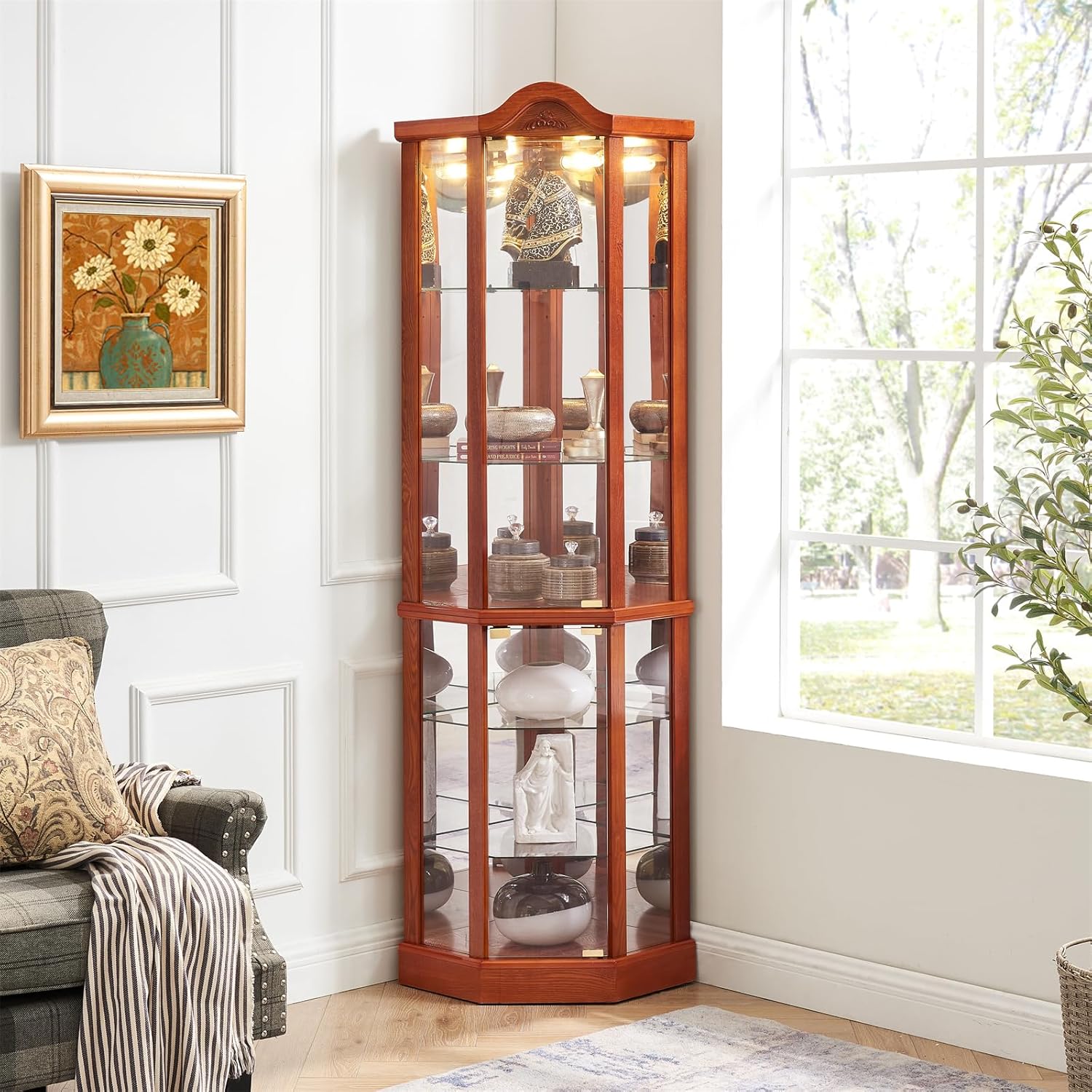 Lighted Curio Cabinet for Living Room, Corner Display Case with Tempered Glass Doors and Adjustable Shelves, Liquor Wine Storage Cabinet, Carved Decoration Glass Display Cabinet (Brown, 72''H)