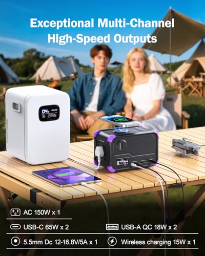 BROWEY Portable Power Station 153Wh Camping Small Solar Generator with Hand Crank 120V 150W AC Outlet Lithium Battery Power Bank, Wireless Charging Emergency Charger for Outdoor Travel Home Backup