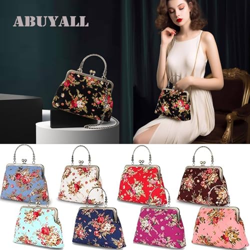 Floral Top-Handle Handbag, Kiss Lock Evening Bag for Women, Vintage Handbag