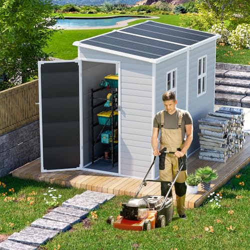 Outdoor Resin Storage Shed 8x4x6 FT Lean to Shed with Floor Included 2 Windows Lockable Door,Waterproof Outside Plastic Sheds for Backyard Garden Patio Lawn Tools