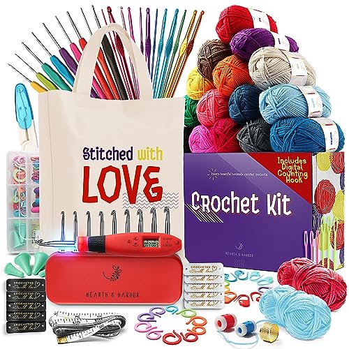 Hearth & Harbor Crochet Kit for Beginners Adults - Beginner Crochet Kit for Kids with Counting Crochet Hook Set Digital, Crochet Starter Kit for Beginners, 45 PCS Crocheting Kit for Amigurumi Projects