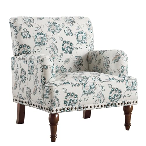 Accent Chairs for Living Room, Modern Floral Accent Chair with Arms and Vintage Legs, Comfy Side Chair Reading Armchair for Bedroom, Blue Paisley